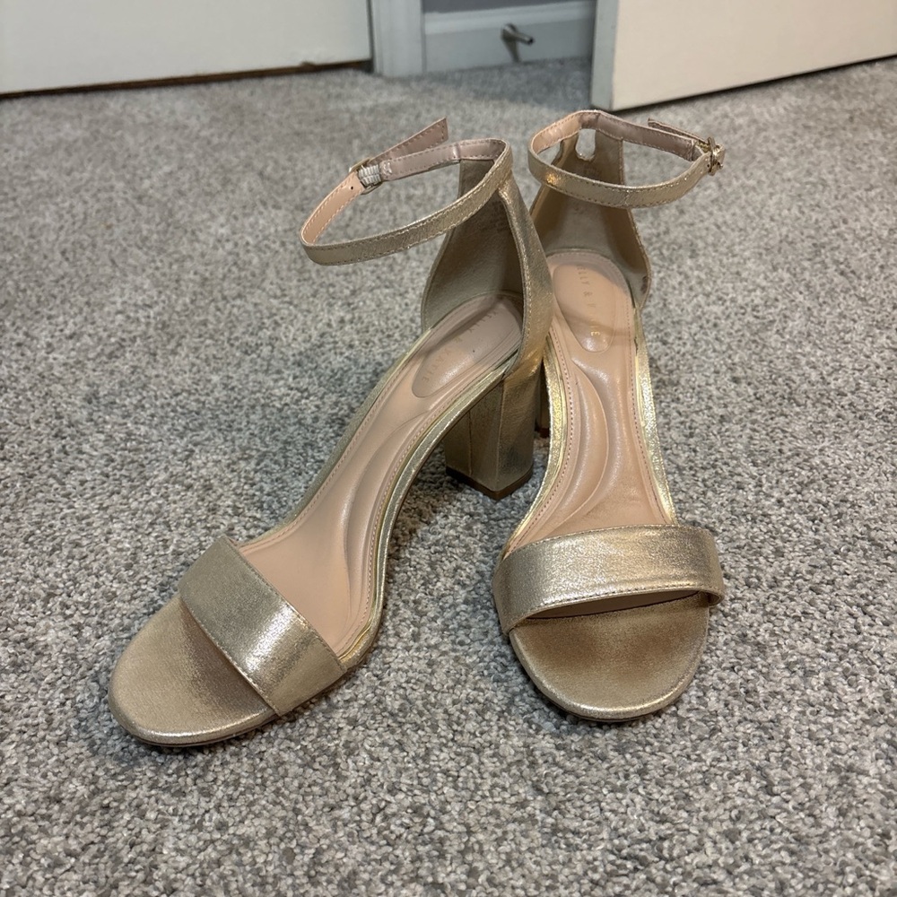 Kelly & Katie Metallic Gold Block Heel Ankle Strap Sandals